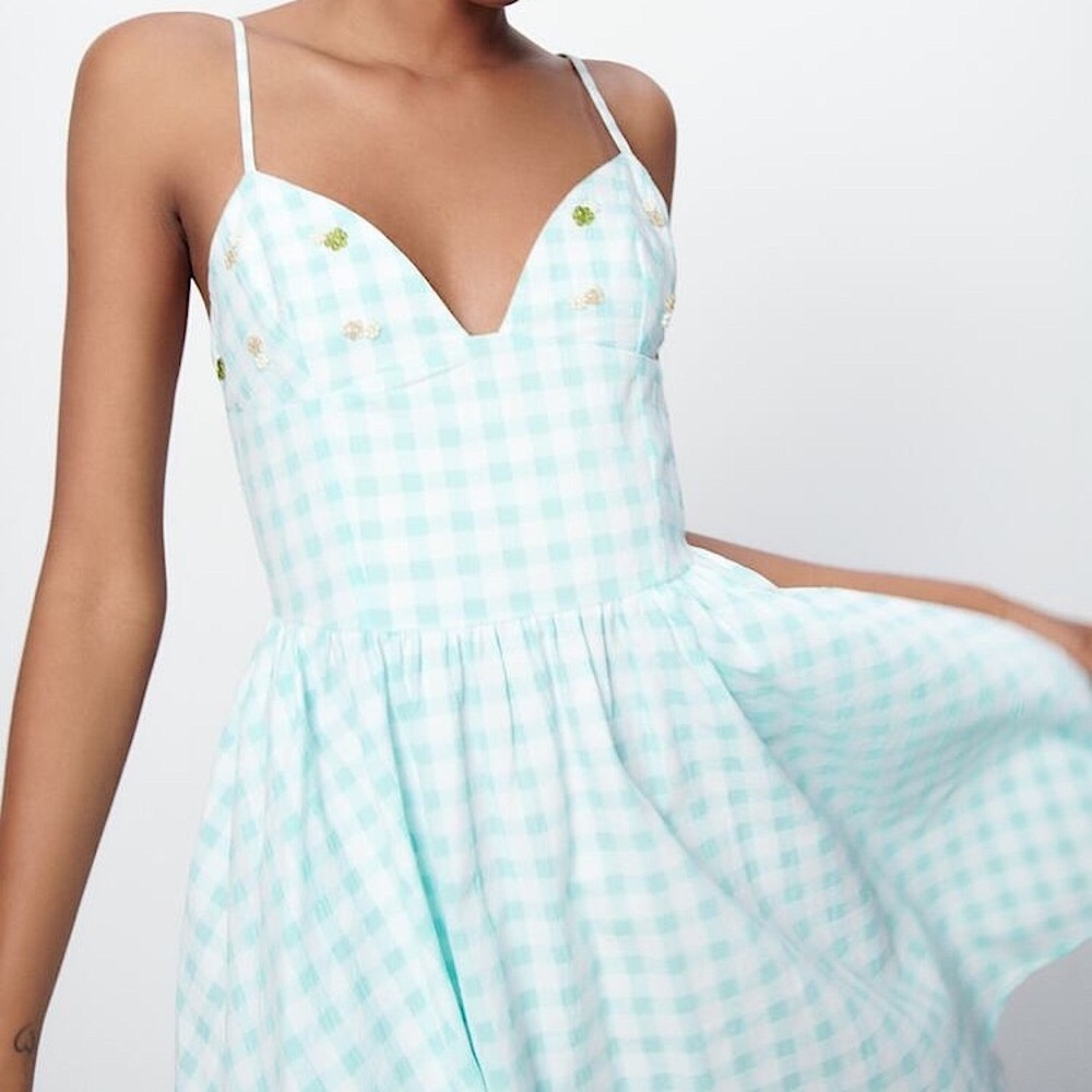 ZARA GINGHAM BEADED FLOWER DETAILED DRESS WITH POCKETS